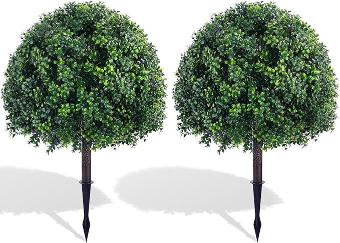 27.6" Artificial Topiary Boxwood Tree, Faux Boxwood Topiary Spheres with Spike, 2 Set Plants Shurbs Tree Waterproof UV Resistant Fake Plants for Outdoor Planter Porch Home Garden Spring Decor