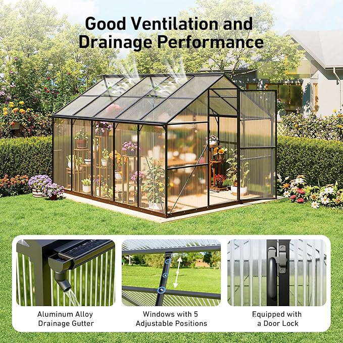 8x10FT Greenhouse Kits with Hygrometer, Polycarbonate Green Houses for Outside Heavy Duty with Aluminum Frame, Walk in Greenhouses with Drainage Channel Roof Vent for Backyard or Garden Use