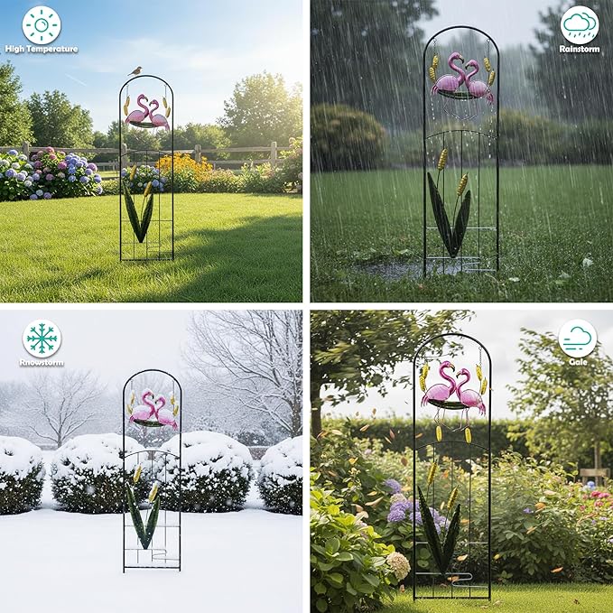 Flamingo Metal Garden Trellis with Solar Lights for Climbing Plant | 1-Pack Weatherproof Iron Plant Trellis, Heavy Duty Potted Cucumber Clematis Support Frame Stake for Outdoor Patio Yard Decor