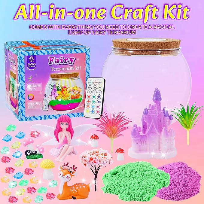 Hannstar Fairy Garden Kits for Kids - Light Up Terrarium kit Birthday Gift for Girls Ages 4 5 6 7 8 10 12 Years Old - Creative Garden Toys for Girls - DIY Arts and Crafts Kit for Kids