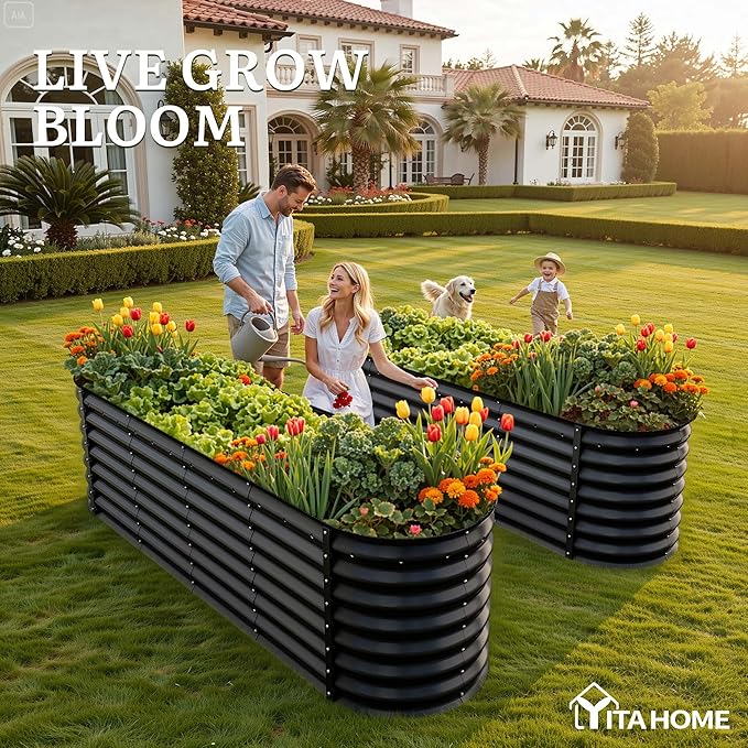 YITAHOME 2pcs 8x2x2ft Large Raised Garden Bed Kit, 24" Tall 9 in 1 Galvanized Metal Planter Box with Gloves and Safety Rubber, Outdoor Above Ground Planters for Plants Vegetables Flowers, Black