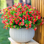 Artificial Flowers for Outdoors Fake Plants - 12 Bundles Faux UV Resistant No Fade Plastic Greenery Home Garden Porch Patio Decoration Boxwood Shrubs (Red)