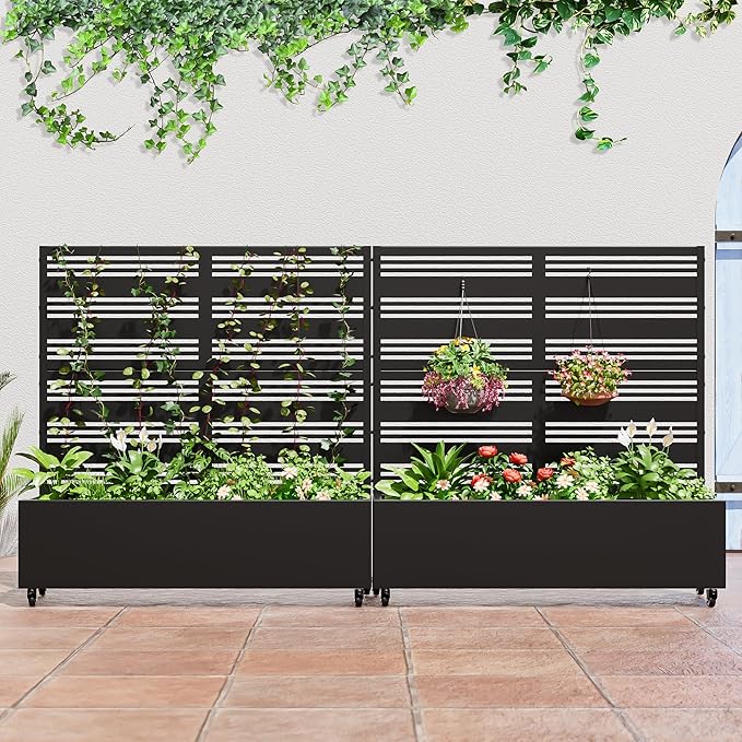 Casaphoria Metal Raised Garden Bed with Trellis and Wheels, 47"x47"x16" Planter Box for Climbing Plants, Vegetables & Vines, Features Drainage Holes and Privacy Screen (Black-Harold)