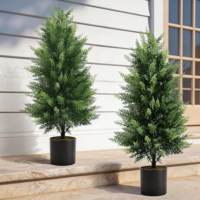 Joyooss Artificial Topiary Cedar Tree,3FT Faux Outdoor Plants Front Porch Decor 2 Set Evergreen Shrubs Fake Plant Artificial Bushes Cypress Trees with Flowerpot for Home Living Room Front Door Decor