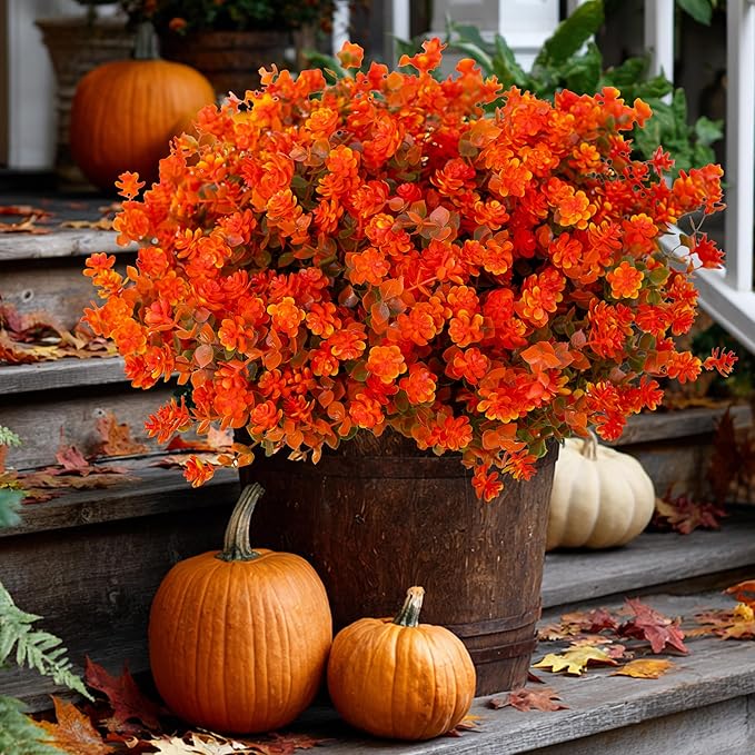 Artificial Fall Flowers Outdoor Fake Mums - 12 Bundles Fake Plants UV Resistant No Fade Faux Plastic Greenery Garden Porch Patio Fall Home Decor(OrangeGreen)