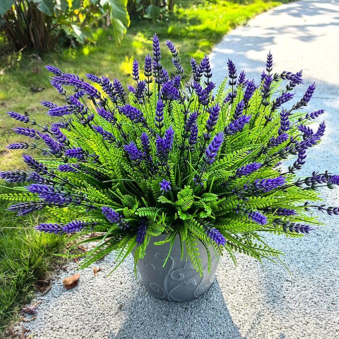 17.8" Tall Artificial Faux Plants Flowers for Outdoor Decorations, UV Resistant Fake Lavender Flowers Realistic Fake Plants Monkey Grass for Porch Garden Patio Window Box Courtyard