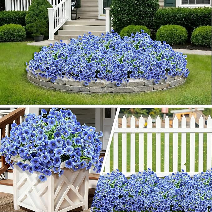 20 Bundles Artificial Flowers for Outdoors,UV Resistant Fake Flowers with Plastic Plants,Silk Faux Fowers for Outdoor Planters,Fake Realistic Flowers Window Box Front Porch Hanging Basket Decor-Blue