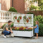 Casaphoria Metal Raised Garden Bed with Trellis and Wheels, 47"x47"x16" Planter Box for Climbing Plants, Vegetables & Vines, Features Drainage Holes and Privacy Screen, White-Harold