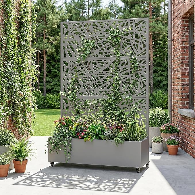 Casaphoria Metal Raised Garden Bed with Trellis and Wheels, 72"x47"x16" Planter Box for Climbing Plants, Vegetables & Vines, Features Drainage Holes and Privacy Screen, Grey-Net