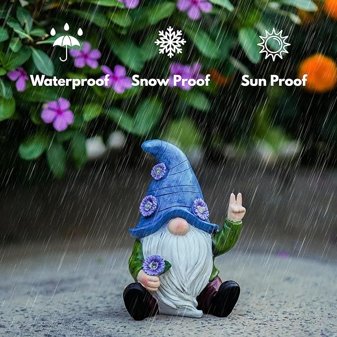 Peace Gnome Garden Statue - Original Design - Blue Peace Gnome Design for Yard, Lawn, Patio, Porch - Weatherproof Resin Garden Decoration - Solar Light - Outdoor Decor & Unique Gnome Gift for Women