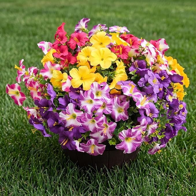 Artificial Flowers for Outdoors Fake Plants Outside Decoration, 12 Bundles Silk Petunia with Eucalyptus UV Resistant Realistic Faux Flowers for Outdoor Planters Garden Balcony (6 Color)
