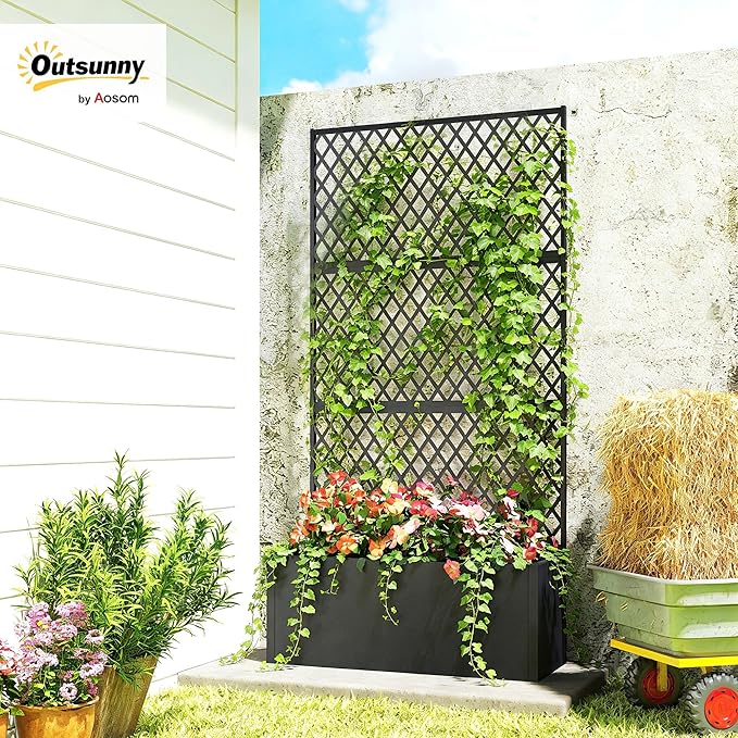 Outsunny Metal Planter Box with Trellis, Raised Garden Bed with Trellis Privacy Screen and Drainage Holes for Climbing Plants, Diamond Lattice Privacy Planter for Garden, Patio, Balcony