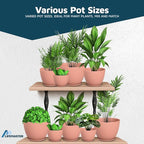 Pink Plant Pots with Drainage Holes & Saucers 15 Pack, Indoor & Outdoor Stackable Space-Saving Planters for Houseplants & Flowers, (7", 6.7", 6", 5.3", and 4.8" Inches), Durable & Weatherproof
