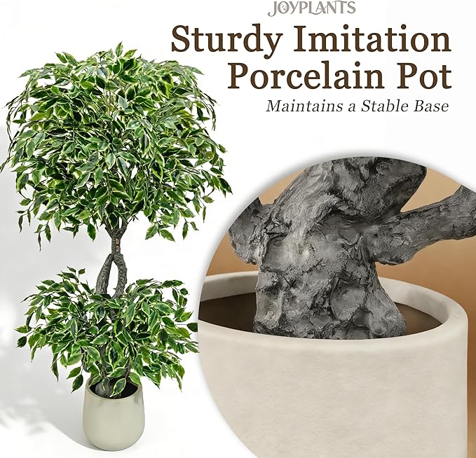 5FT Artificial Ficus Tree Indoor Outdoor, Fake Plants Indoor with White Pot, Realistic White-Edged Leaves Potted Tree for Home Office Decor