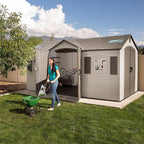 Lifetime 15×8 Ft Dual‑Entry Outdoor Storage Shed, Steel‑Reinforced, UV‑Protected, Weather‑Resistant Backyard Garden Shed with Skylights, Windows & Shelving, Desert Sand