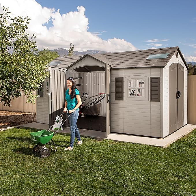 Lifetime 15×8 Ft Dual‑Entry Outdoor Storage Shed, Steel‑Reinforced, UV‑Protected, Weather‑Resistant Backyard Garden Shed with Skylights, Windows & Shelving, Desert Sand