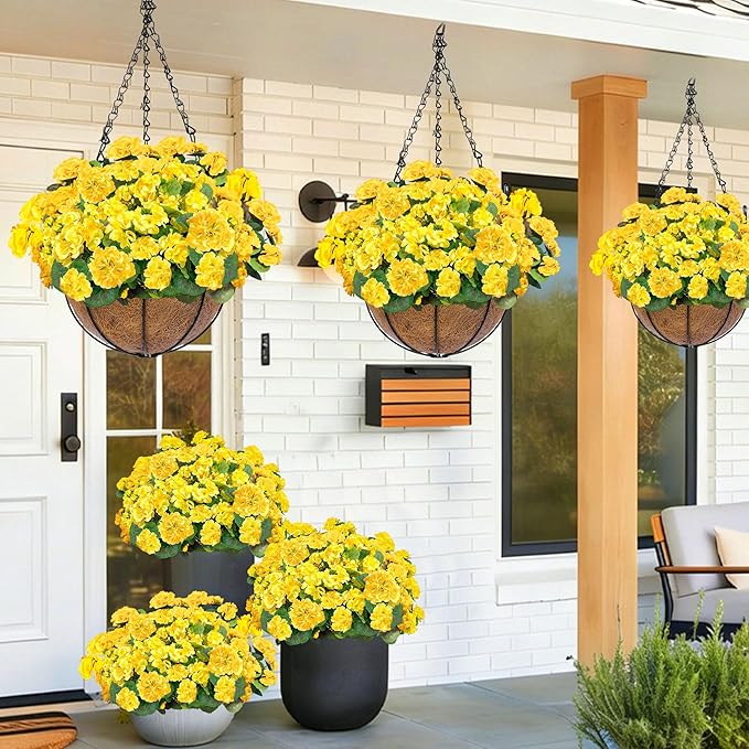 TURNMEON Artificial Geraniums Flowers for Outdoors Summer Decoration, 4 Bundles Fake Flowers Silk Yellow Flowers UV Resistant No Fade Faux Plants for Planter Gardens Table Porch Indoor Cemetery Decor