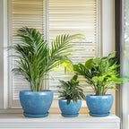 Ceramic Plant Pots - 10+8+6 Inch Modern Round Planters for Indoor Outdoor with Drainage Holes and Plant Saucers, Room Patio House Office Decor, Gardening Gifts for Women Men, Set of 3, Blue