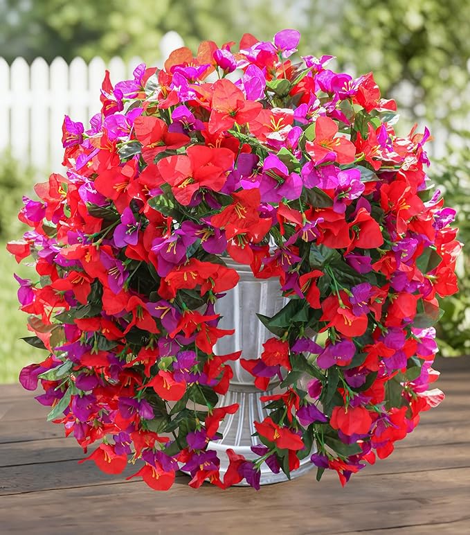HyeFlora Bougainvillea Artificial Hanging Flowers Plants for Outdoors Decoration, 2pcs Fake Flowers Bougainvillea Vines Realistic UV Resistant Silk Flower for Outside Planter Porch Patio Yard Urn, Mix