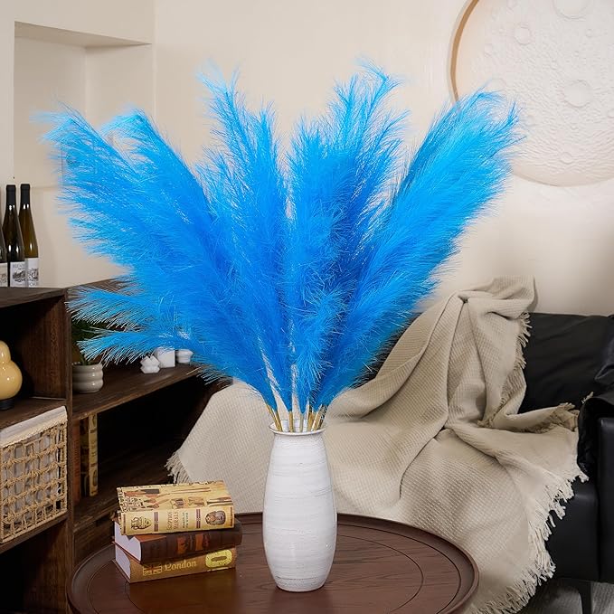 Premium Faux Navy Blue & Sky Blue Pampas Grass Decor – 43.3″8pcs Tall Fluffy Dual-Tone Feather Flowers, No Assembly 18-Branch One-Piece Stems for Coastal Boho Wedding & Modern Home Decor (8pcs 110cm)