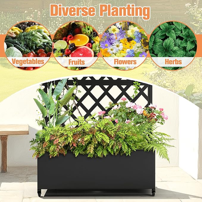 Metal Raised Garden Bed with Diamond Lattice Trellis, Outdoor Planter Box for Climbing Plants Vegetables Vines, Galvanized Garden Box with Drainage Holes and Wheels, Black (35.4"L x 16.7"W x 73.2"H)