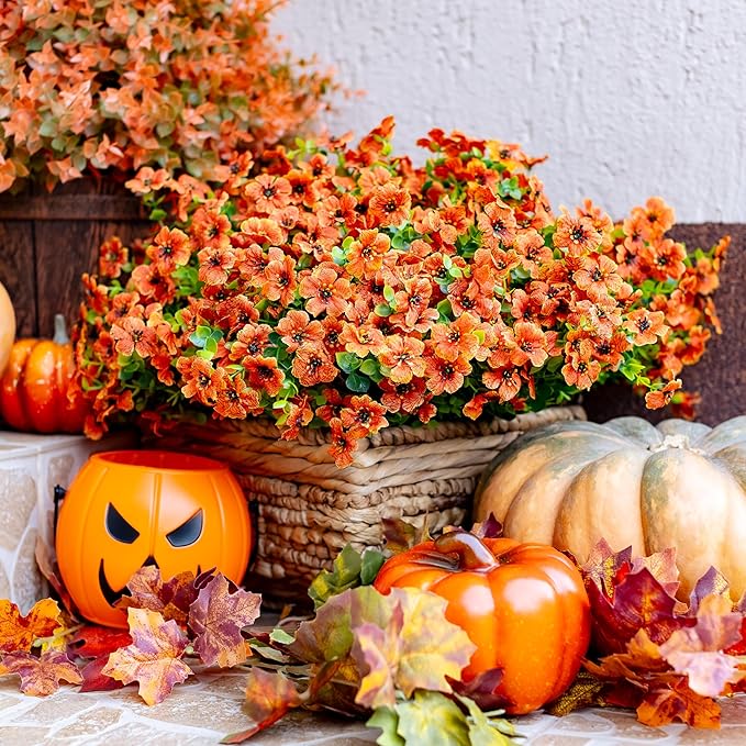 AXYLEX Artificial Fall Flowers Outdoor Fake Mums - 16 Bundles Fake Plants UV Resistant No Fade Faux Plastic Greenery Garden Porch Patio Fall Home Decor (Red Orange16)