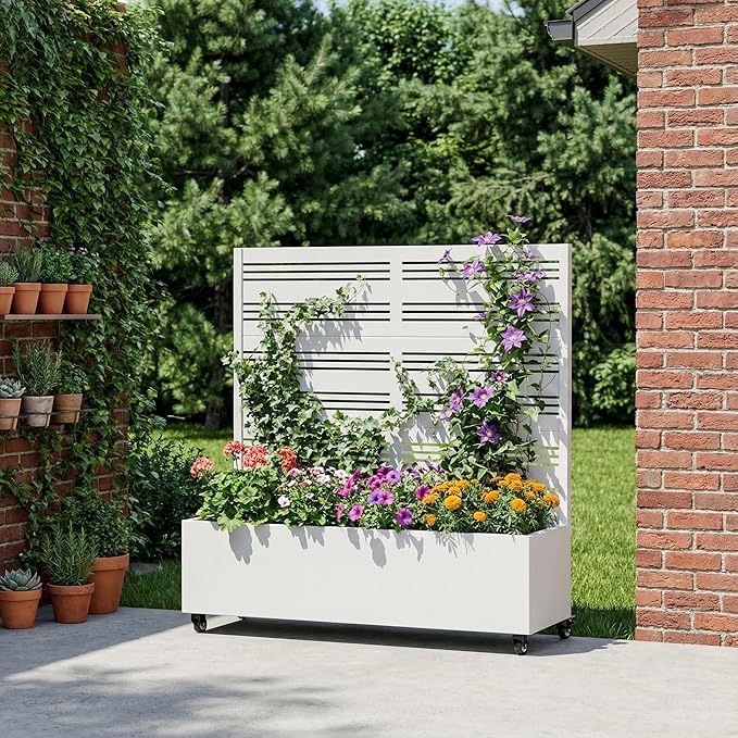Casaphoria Metal Raised Garden Bed with Trellis and Wheels, 47"x47"x16" Planter Box for Climbing Plants, Vegetables & Vines, Features Drainage Holes and Privacy Screen, White-Harold