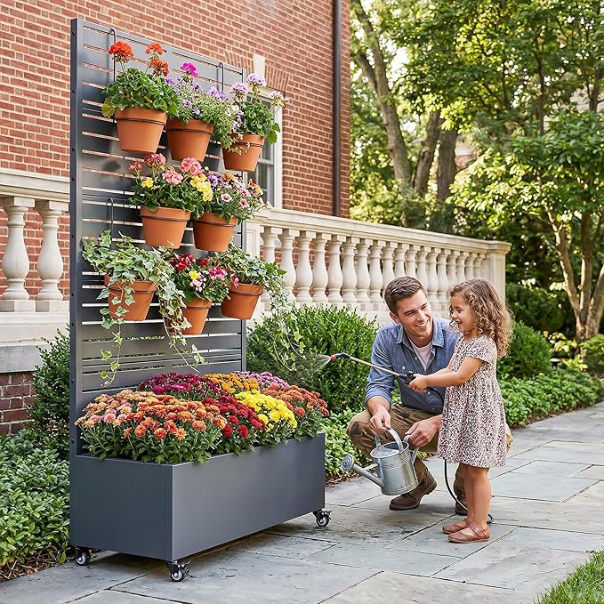 Casaphoria Metal Raised Garden Bed with Trellis and Wheels, 72"x35"x16" Planter Box for Climbing Plants, Vegetables & Vines, Features Drainage Holes and Privacy Screen, Drakgrey-Louvered