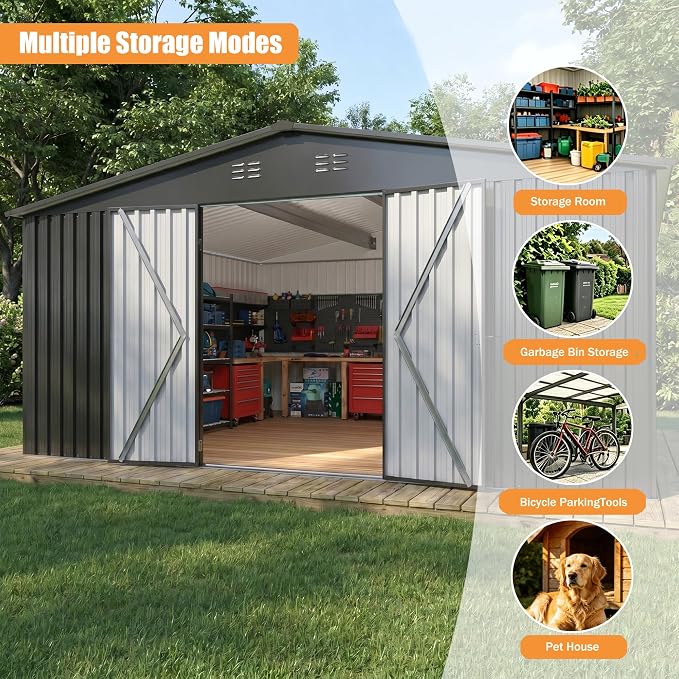 14x12 FT Outdoor Storage Shed, Metal Garden Shed with Lockable Door & Sloped Roof, Large Waterproof Utility Tool Shed for Backyard, Garden, Patio, Lawn, Black