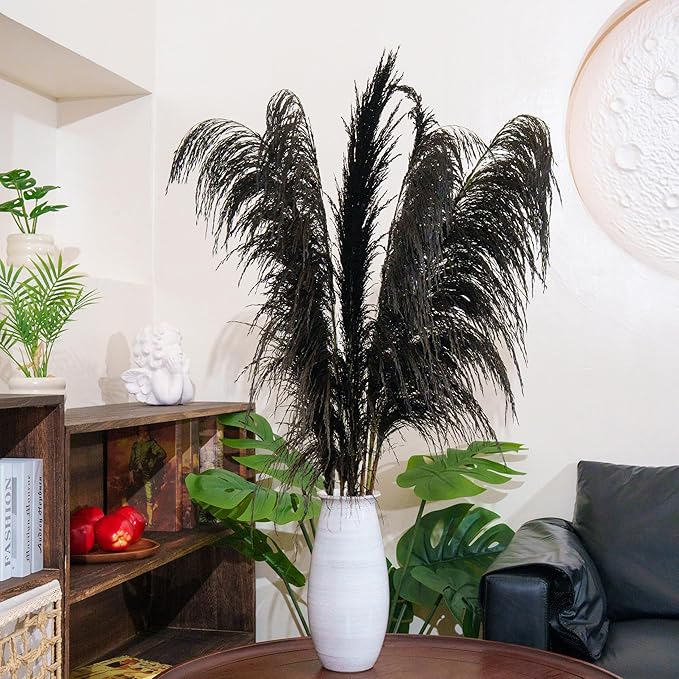 Dark Grey Pampas Grass Tall for Floor Vase Decor, Black Natural Pampas Grass, Large Dried Pompas Floral, Elegant Feather Flowers for Wedding Living Room Decorations(Natural Grey, 4pcs 43.3"(110cm))