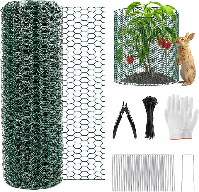 33Ft x 24In Plant Protectors from Animals, Plant Cages for Outdoor Plants, Free-Cut Wire Plant Protector, Plant Cover Chicken Wire Fencing with Ground Stakes & Ties to Keeping Bunny Animals Out