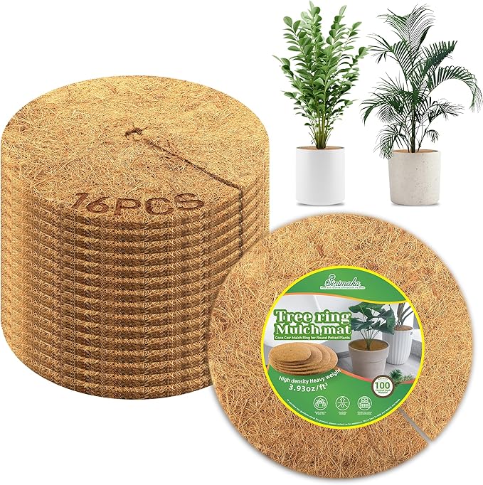 Sinimaka 16 Pcs Coconut Fiber Tree Ring Mulch Mat, 9.8 Inch Mulch Ring Plant Protectors Mat, Coco Coir Tree Disc Plant Covers Tree Weed Barrier Ring for Indoor Outdoor Plants