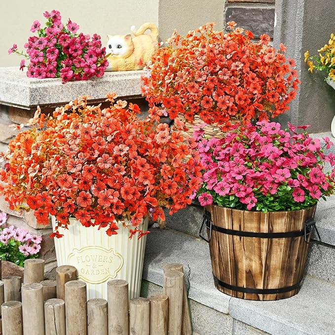 Waipfaru Artificial Fake Flowers Plants for Outdoor Decor, 24 Bundles Faux Plants Outdoor, UV Resistant Artificial Outdoor Plants, Silk Artificial Flowers for Outside Home Planter Porch Patio Decor