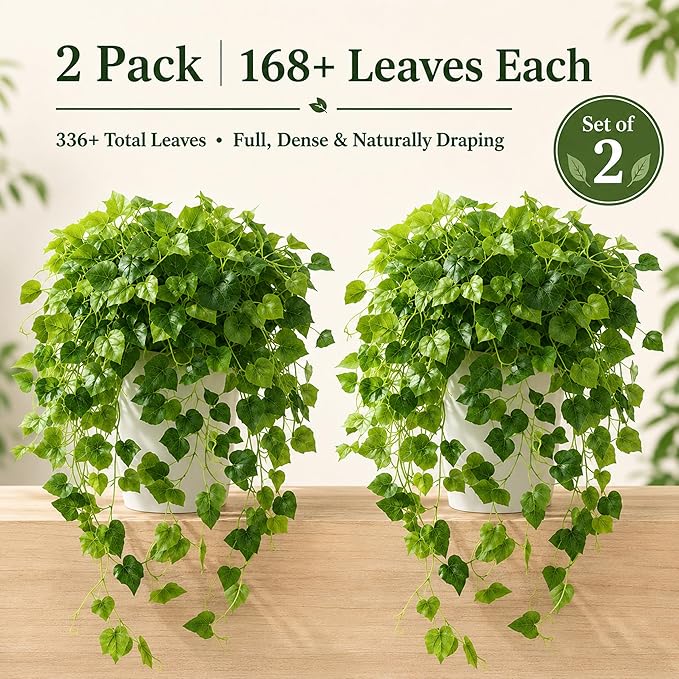 36" Faux Hanging Ivy Plants in White Pots, 2 Pack Fake Pothos Artificial Hanging Plants with 168 Leaves Each & Pebble Topping, Fake Greenery Decor for Shelf Bathroom Office Living Room