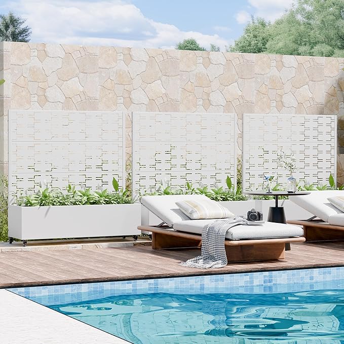 Casaphoria Metal Raised Garden Bed with Trellis and Wheels, 47"x47"x16" Planter Box for Climbing Plants, Vegetables & Vines, Features Drainage Holes and Privacy Screen, White-Brick