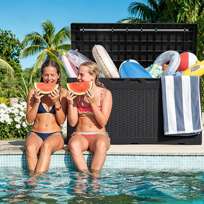 Greesum 100 Gallon Resin Deck Box Large Outdoor Storage with Cushions for Patio Furniture, Garden Tools, Pool Supplies, Weatherproof and UV Resistant, Lockable, Black