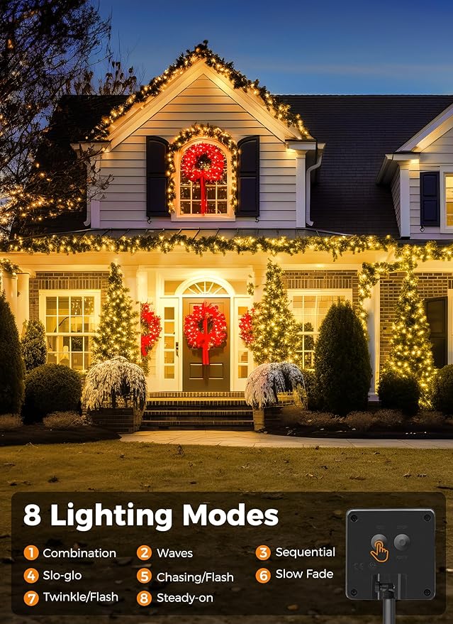 Minetom Solar String Lights Outdoor Waterproof- 40 FT 100 LED Solar Powered String Lights with 8 Lighting Modes, IP65 Waterproof Solar Christmas Lights for Outdoor Outside Tree Party Decor, Warm White