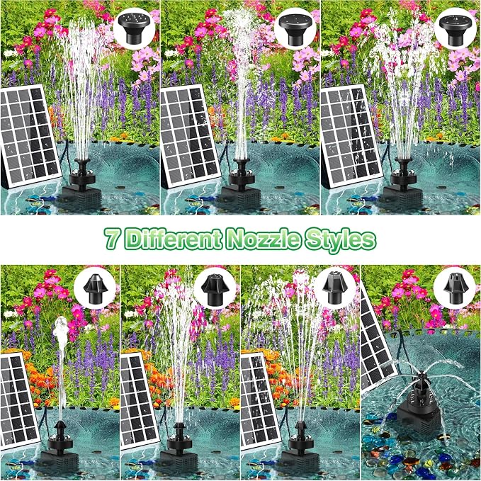 Jutai Solar Fountain Kit Colorful Lights,3.5W Glass Panel Solar Water Pump with 2000mAH Battery, Sucker & Stake for Bird Bath, Garden, Outdoor, Water Feature-16.4ft Power Cord,7 Nozzles