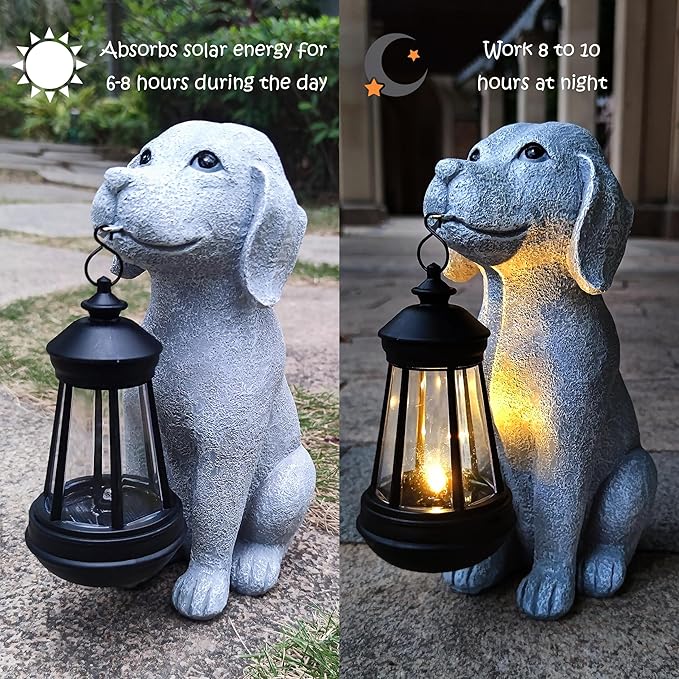 Dog Solar Garden Statues,Resin Dog Figurine Decorations with Solar Lights Lantern, Outdoor Decor Art for Lawn,Yard,Unique Housewarming for Garden Home