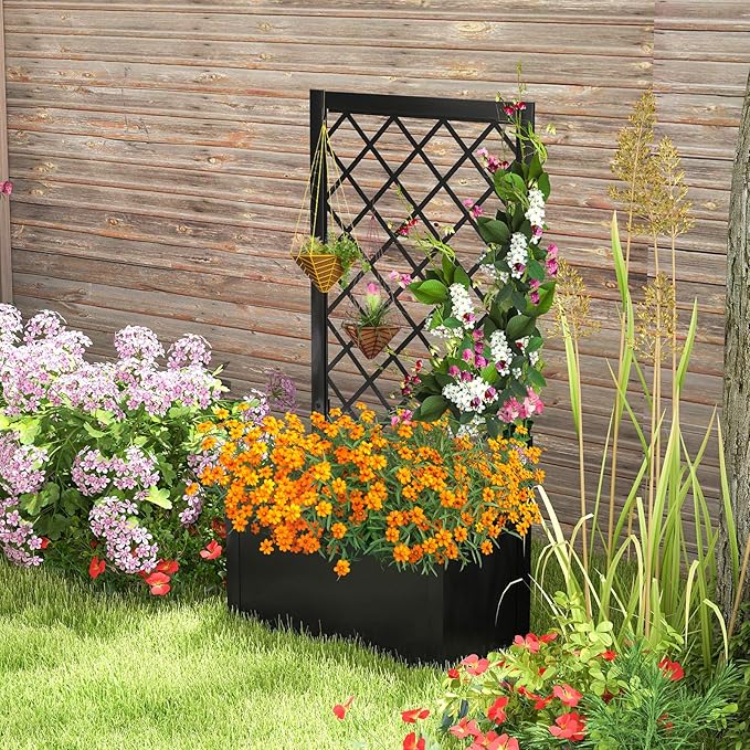 HAPPYGRILL Raised Garden Bed with Trellis, 44” Metal Elevated Garden Box for Climbing Plants Vine, Outdoor Planter Box for Yard, Garden, Balcony