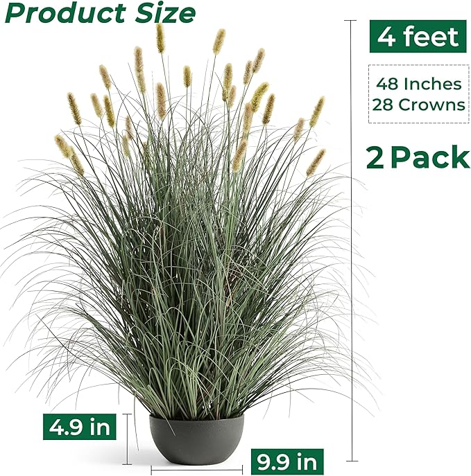 4ft Onion Grass Set of 2, Artificial Plant and Greenery, Fake Floor Plants Indoor Outdoor, Potted Faux Green Bristlegrass with Spikes, Large Size Horsetail Reed Grass, House Decorative