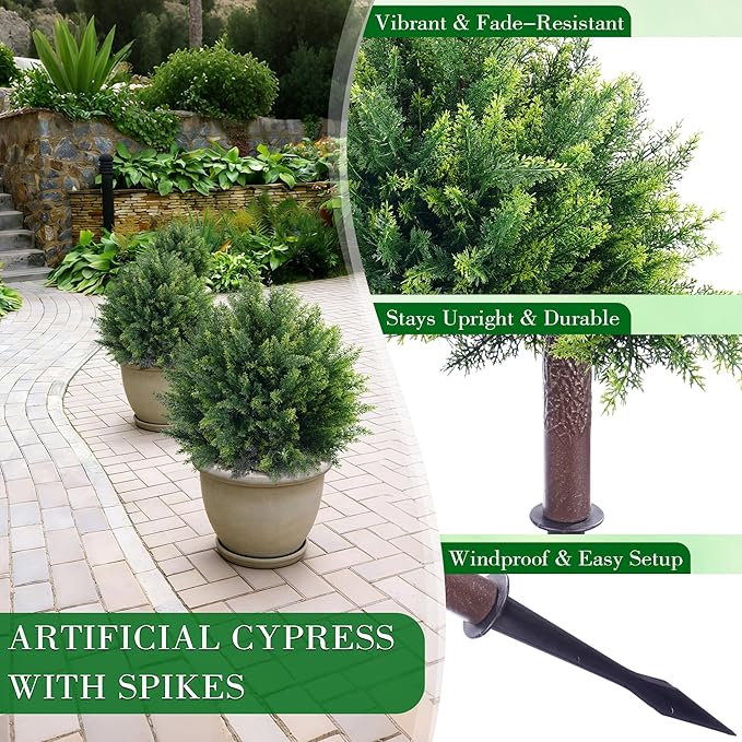 27.6'' Artificial Cedar Topiary Ball Trees, Set of 2 Fake Cypress Bushes Shrubs with Spikes UV Resistant Evergreen Faux Cypress Tree Plants for Planters Front Porch Outside Spring Garden Decor
