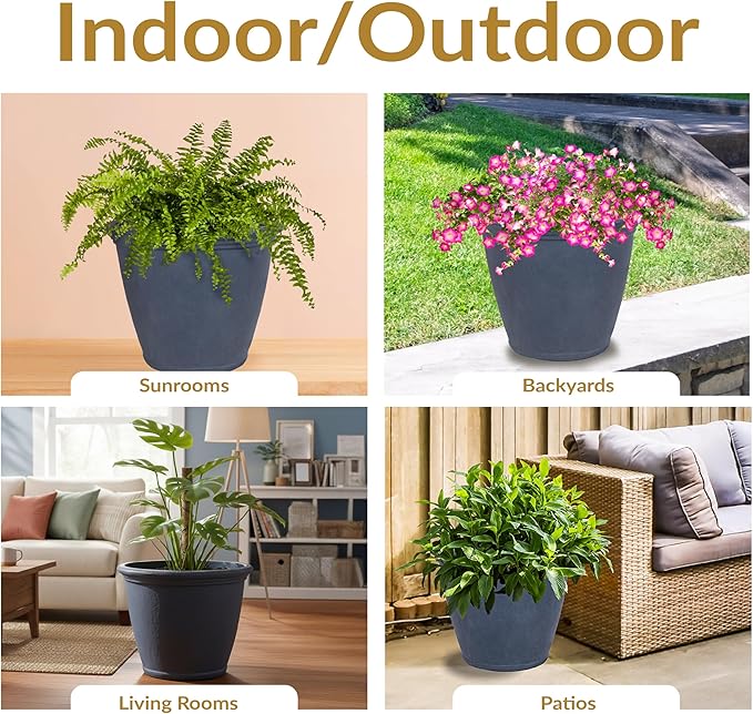 Sunnydaze 24-Inch Anjelica Large Plastic Pot for Plants - Outdoor Double-Walled Large Plastic Planter with Drillable Drainage Holes - Slate - 3pk