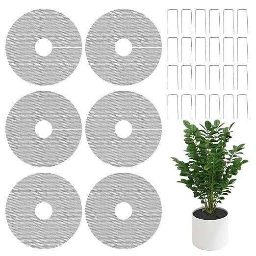 6 Pack Plant Pot Soil Cover Grids with 24 U-Shaped Nails, 11.8 Inch Cuttable Cat & Animal Digging Stopper, Indoor Outdoor Soil Protector for Potted Plants
