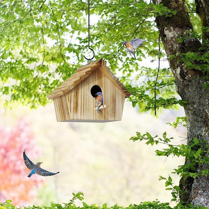 Auslar Bird House, Bird Houses for Outside, Wooden Birdhouse for Outdoors, Hanging Bluebird House for Cardinals Finch Wren Swallow for Wild Bird Viewing