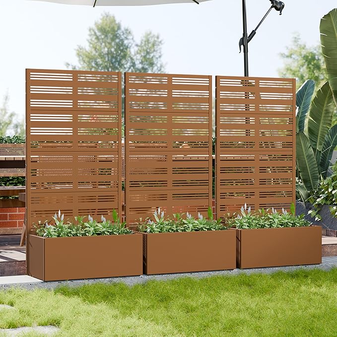 Casaphoria Metal Raised Garden Bed with Trellis, 59"x30"x12" Planter Box for Climbing Plants, Vegetables & Vines, Features Drainage Holes and Privacy Screen, Brown-Harold