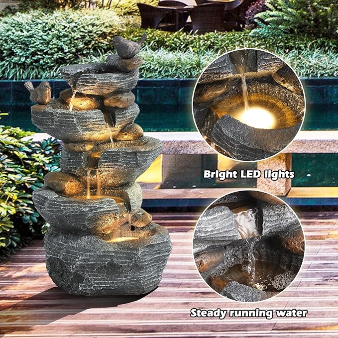 Grepatio Outdoor 5-Tiers Cascading Rock Water Fountain, Waterfall Fountain with 4 LED Lights, Outdoor Fountains and Waterfalls for Garden or Patio, Yard, and Deck Decor with Natural Stone Look