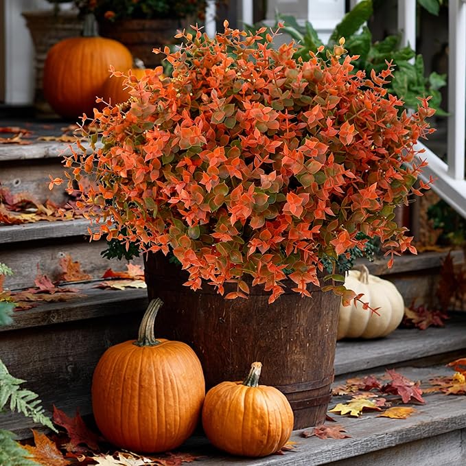 Artificial Fall Flowers Outdoor Fake Mums - 16 Bundles Fake Plants UV Resistant No Fade Faux Plastic Greenery Garden Porch Patio Fall Home Decor (Green Orange)
