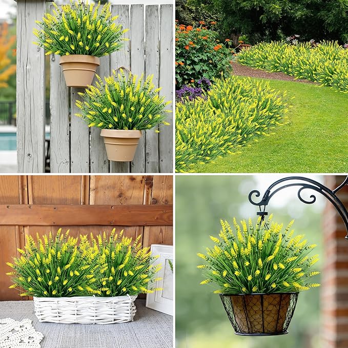 Bassion Artificial Flowers for Outdoors, 24 Bundles Fake Lavender Flowers UV Resistant Yellow Plastic Plants Faux Monkey Grass for Home Porch Garden Window Box Indoor Outdoor Decorations