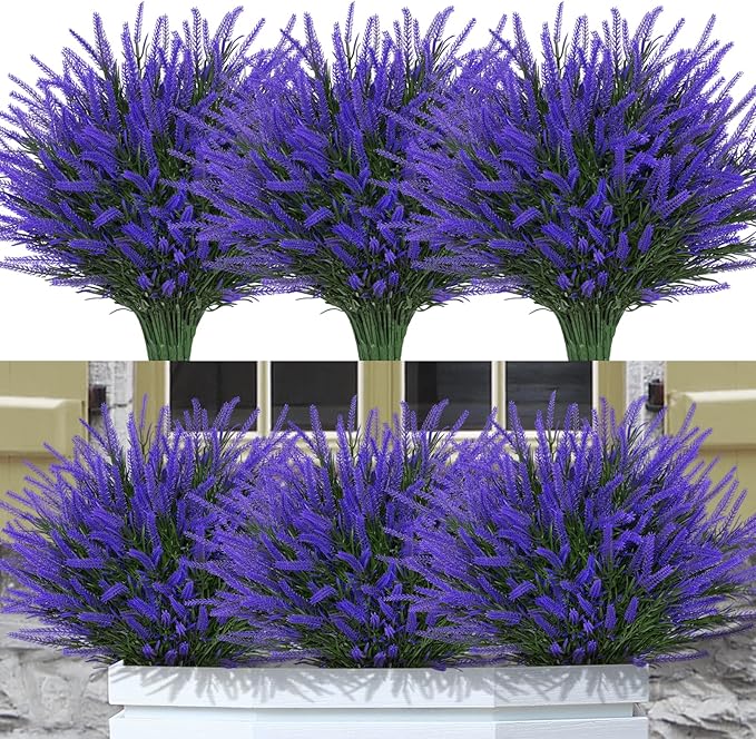 12 Bundles Fake Outdoor Flowers UV Resistant Plants Artificial Lavender Faux Plastic Shrubs Window Box Garden Porch Home Decor(Purple)